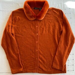 Vintage Rust Lambswool Angora Button Down Sweater with Faux Fur Collar